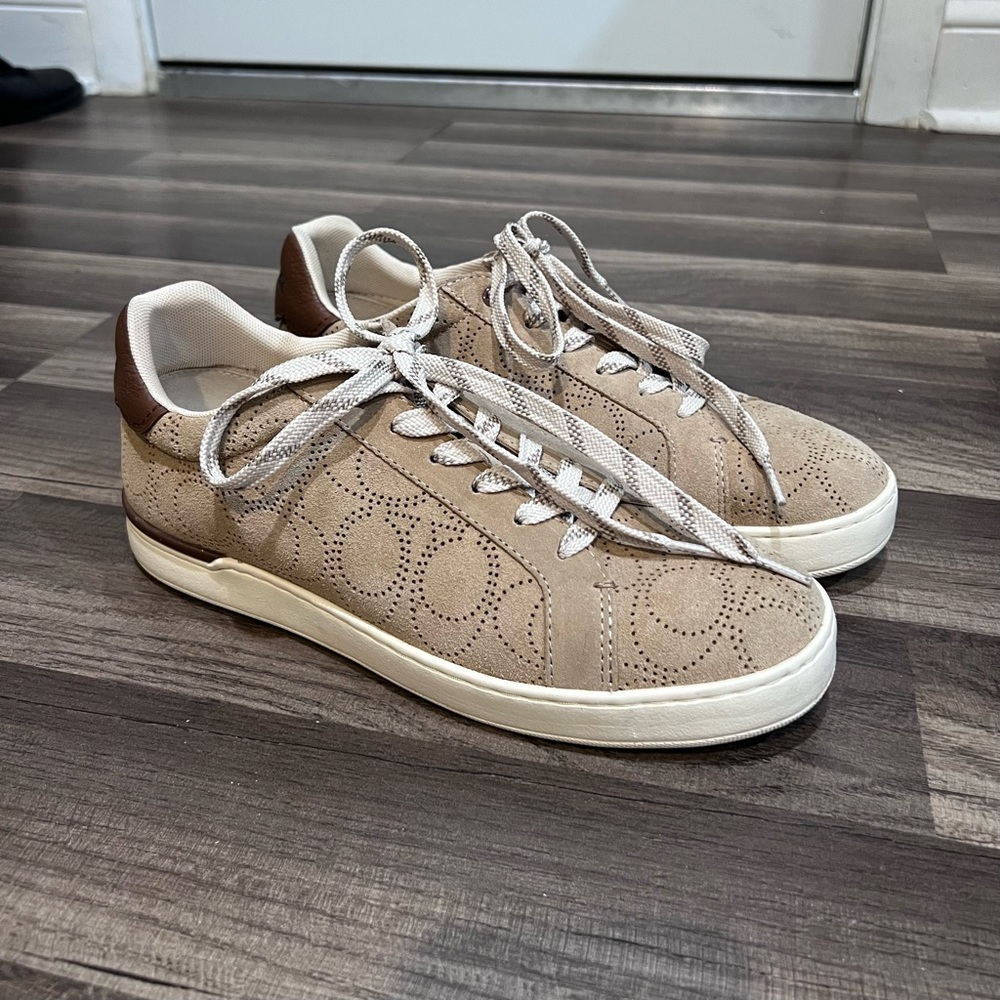 COACH Men Clip Low Top Khaki Tan Saddle Suede Leather Sneakers US 7.5 /EUR 40.5